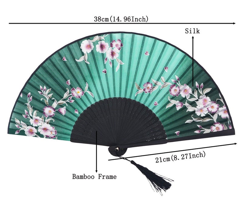 Amajiji Charming Elegant Modern Woman Handmade Bamboo Silk 8.27" (21cm) Folding Pocket Purse Hand Fan/Chinese Japanese Vintage Retro Style Handheld Folding Fan (Green) - Image 2